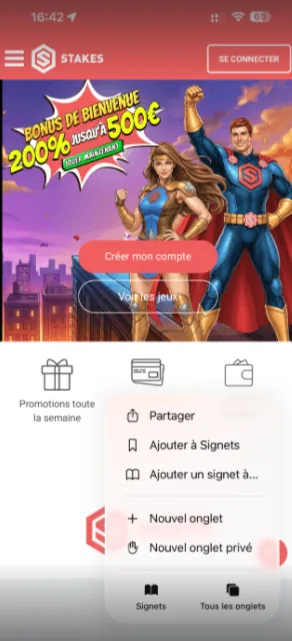 Interface de jeu casino Application Stakes sur mobile