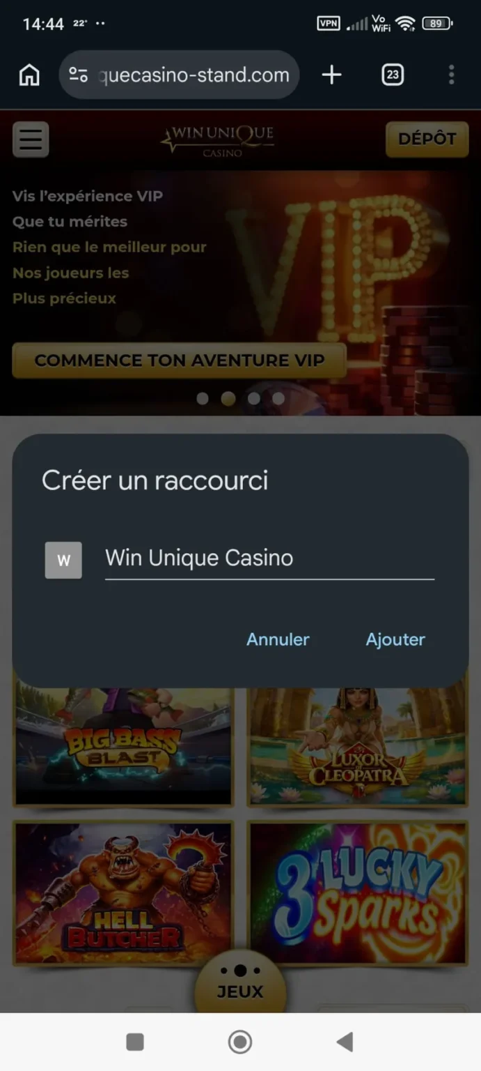 Interface de jeu Unique Casino sur application mobile