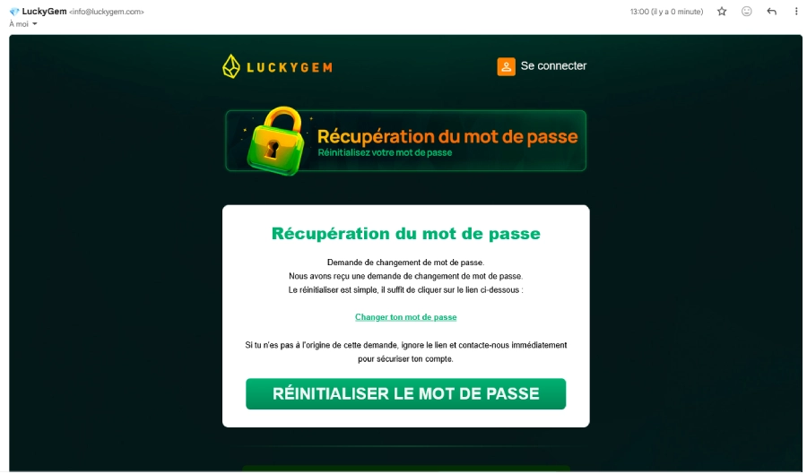 luckygem récupération mot de passe