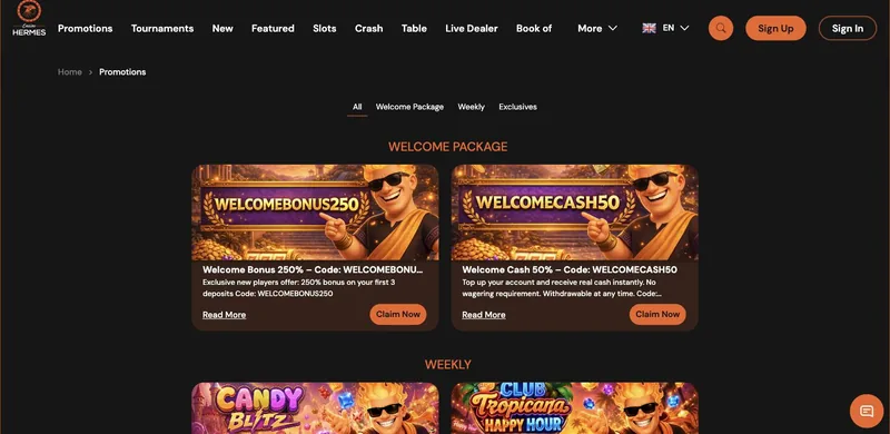 Page promotions Hermes VIP Casino : codes WELCOMEBONUS250 et WELCOMECASH50