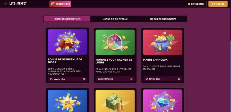 Page promotions Let's Jackpot : bonus de bienvenue 1 000 € et offres hebdomadaires