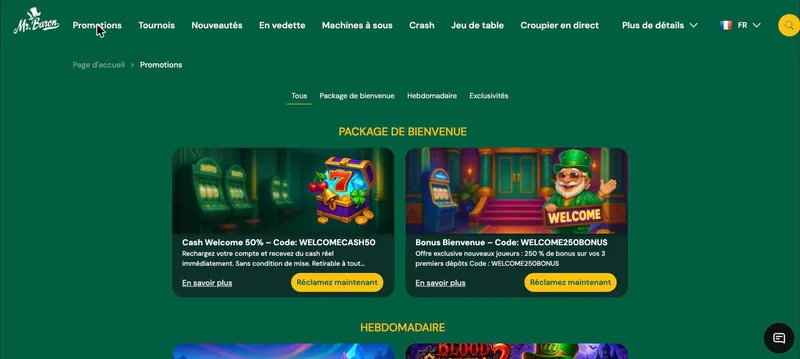 Page promotions MrBaron Casino : codes WELCOMECASH50 et WELCOME250BONUS