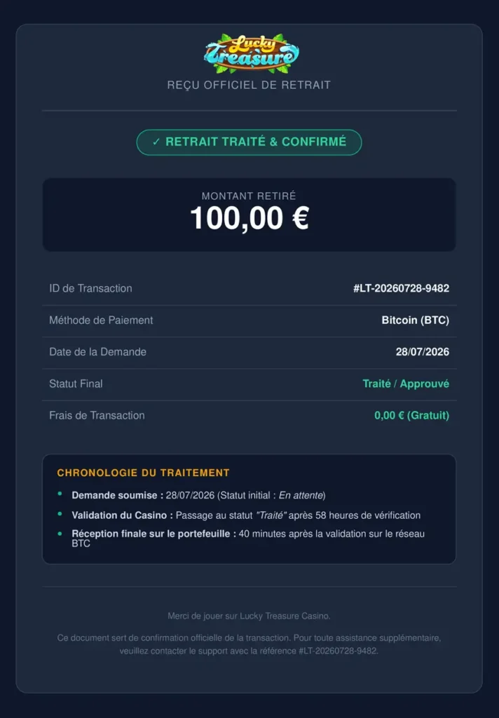 reçu retrait lucky treasure
