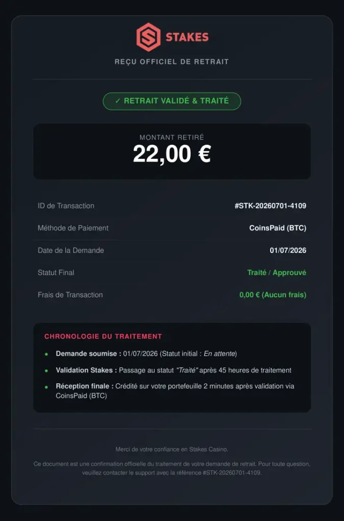 reçu retrait stakes casino