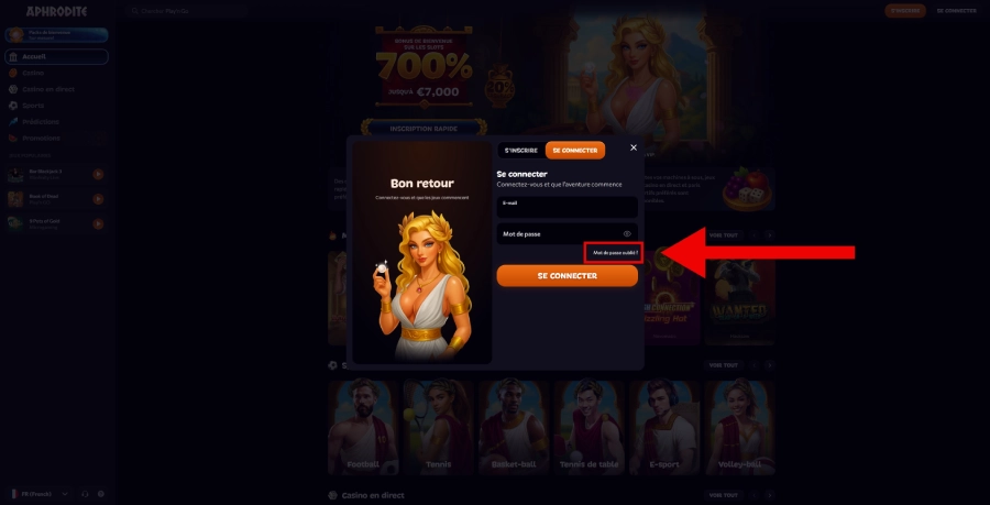 récupération mot de passe étape1 aphrodite casino