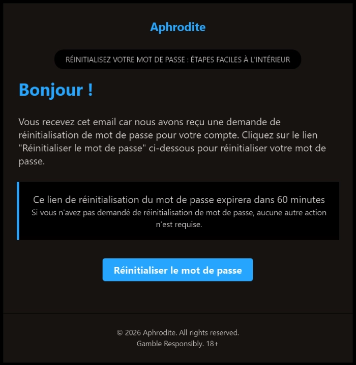 récupération mot de passe étape3 aphrodite casino