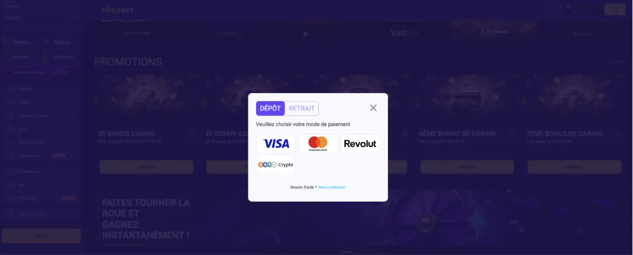 Caissier PokoBet : Visa, Mastercard, Revolut et cryptomonnaies