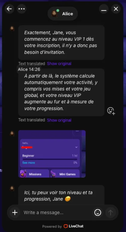 Chat en direct PokoBet : réponse du support sur l'accès au club VIP
