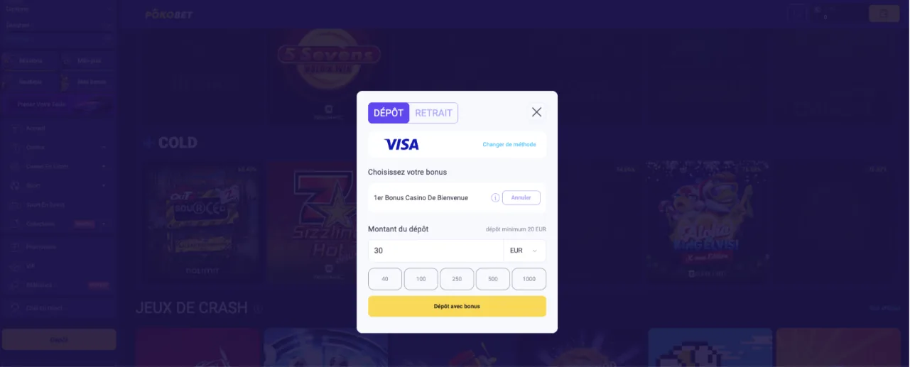 Caissier PokoBet : dépôt par Visa, minimum de 20 euros