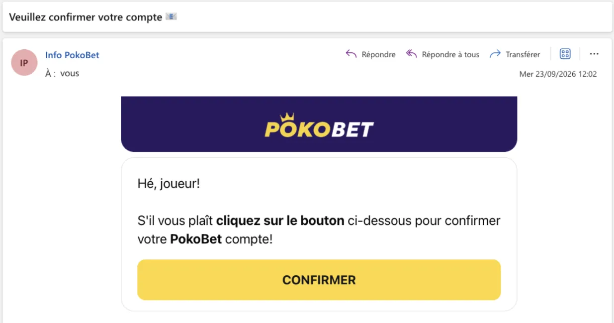 E-mail de confirmation du compte PokoBet