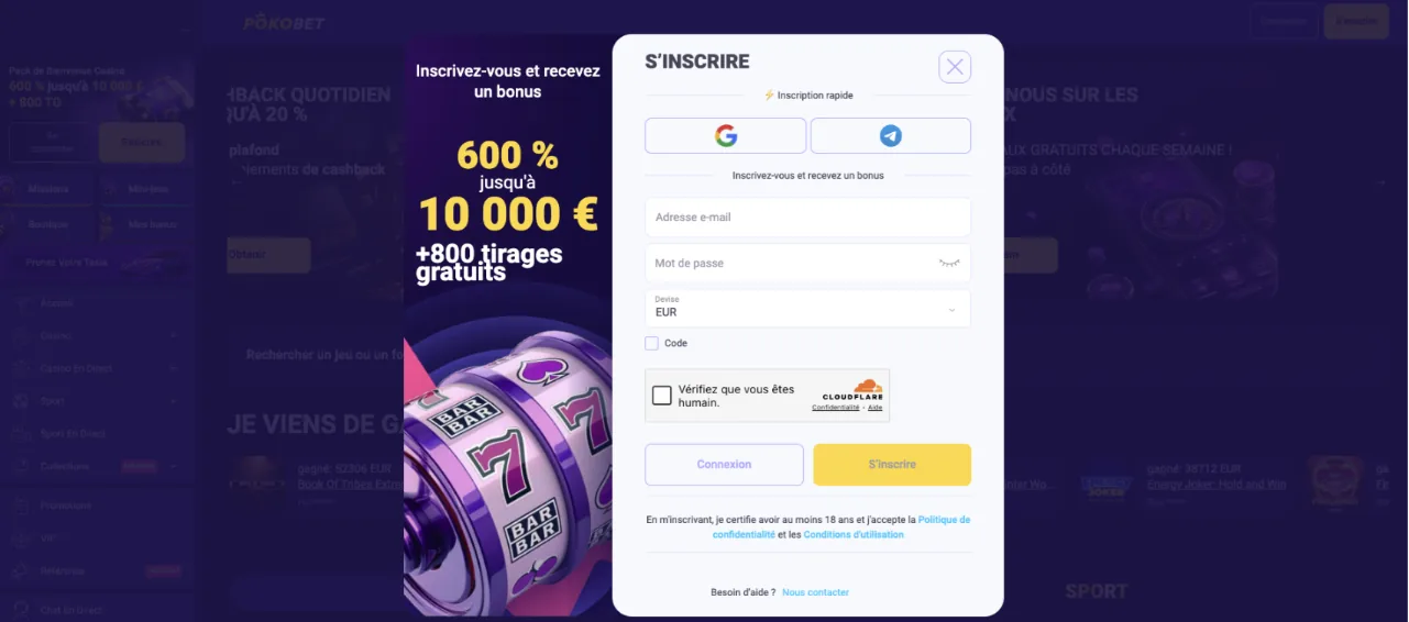 Formulaire d'inscription PokoBet avec vérification Cloudflare