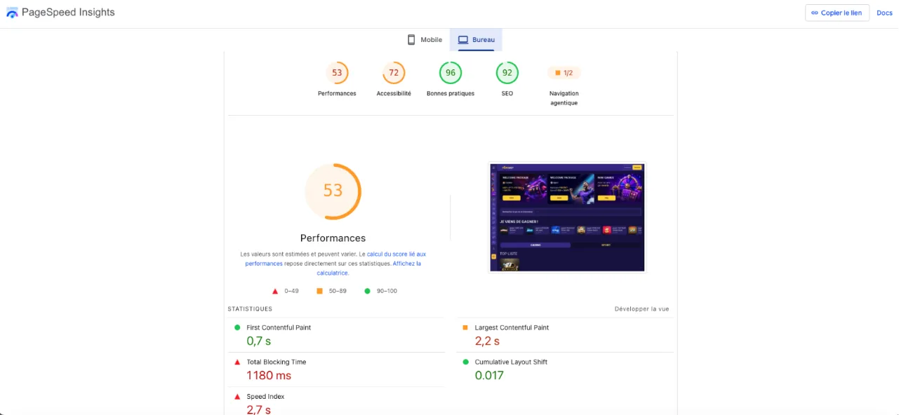 PageSpeed Insights bureau de PokoBet : 53 sur 100