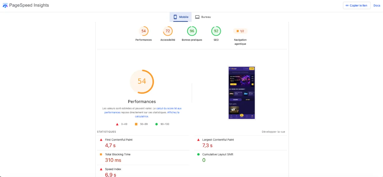 PageSpeed Insights mobile de PokoBet : 54 sur 100