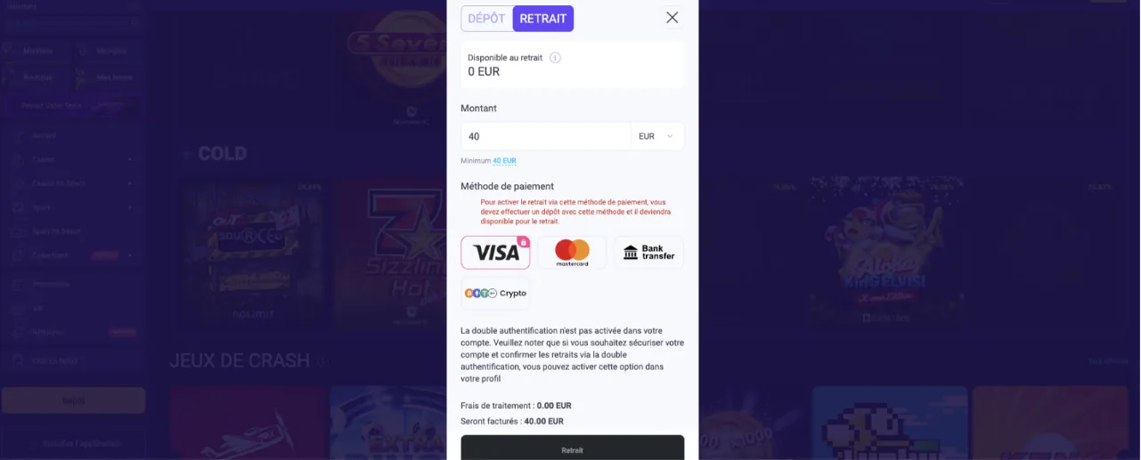 Caissier PokoBet : retrait minimum de 40 euros sans frais
